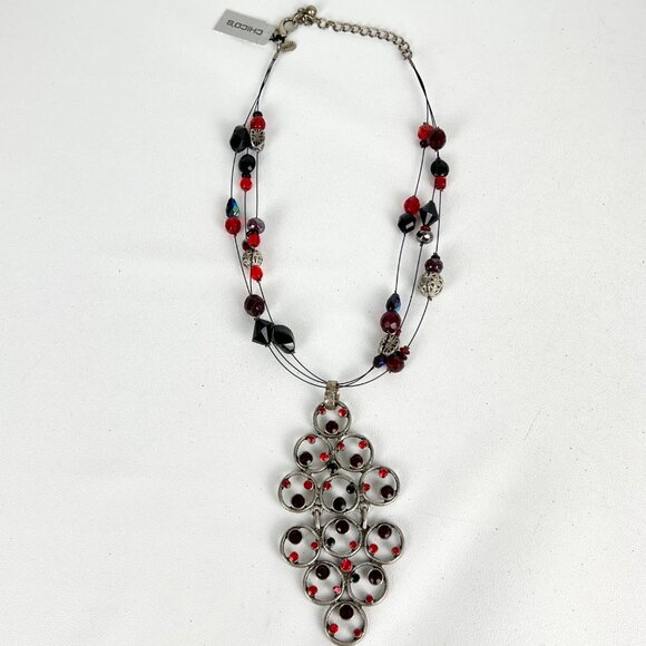 Chicos Antique Silver Red Black Pendant Necklace Earrings Matching Set - Picture 6 of 12